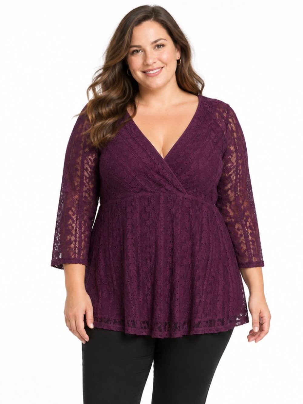 NWOT J. Jill 2XL Purple Lace Overlay Faux Wrap V Neck Babydoll Top 3/4 Sleeves
